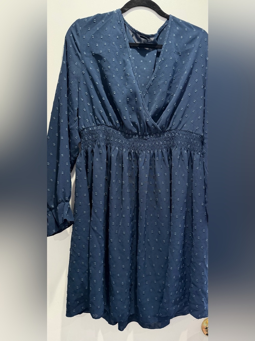 Smocked Waist Navy Long Sleeve V-Neck Dress